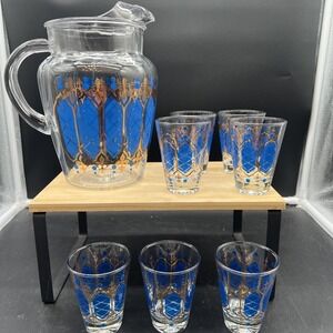 VTG 1950's Anchor Hocking Pitcher And 7 Shot Glasses Retro Blue/Gold Design MCM